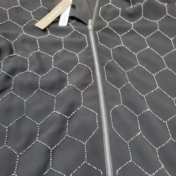 Chico's Beaded Full Zip Bomber Jacket Black Silver Sequined Embellished Sz L/2 - Picture 7 of 8